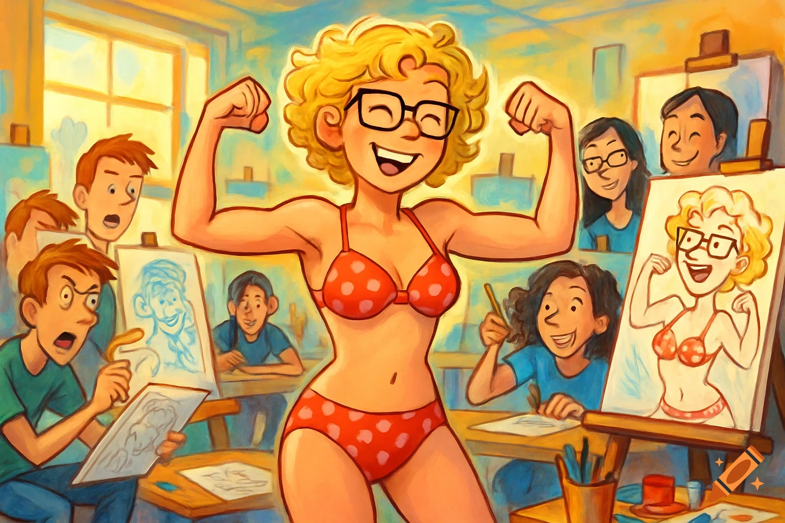 A smiling, curly-haired woman in a red polka-dot bikini flexes her muscles while posing for an art class, cartoon style.