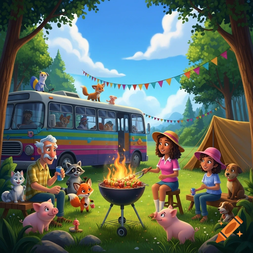 Cartoon illustration of a diverse family and anthropomorphic animals enjoying a barbecue picnic in a forest, with a colorful bus and tent.