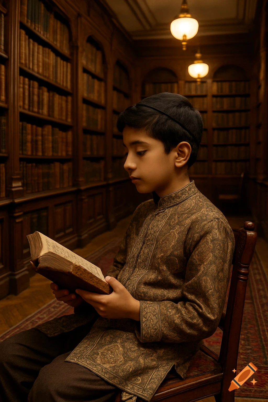 A young boy in patterned traditional attire reads an old book in a warm, dimly lit library with tall wooden shelves.