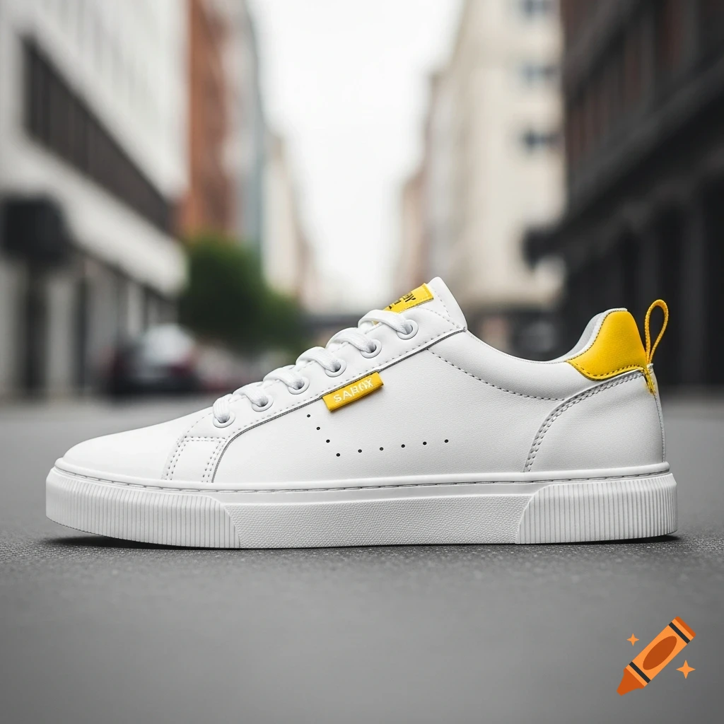 A photorealistic white sneaker with yellow accents sits on asphalt with a blurred city street in the background.