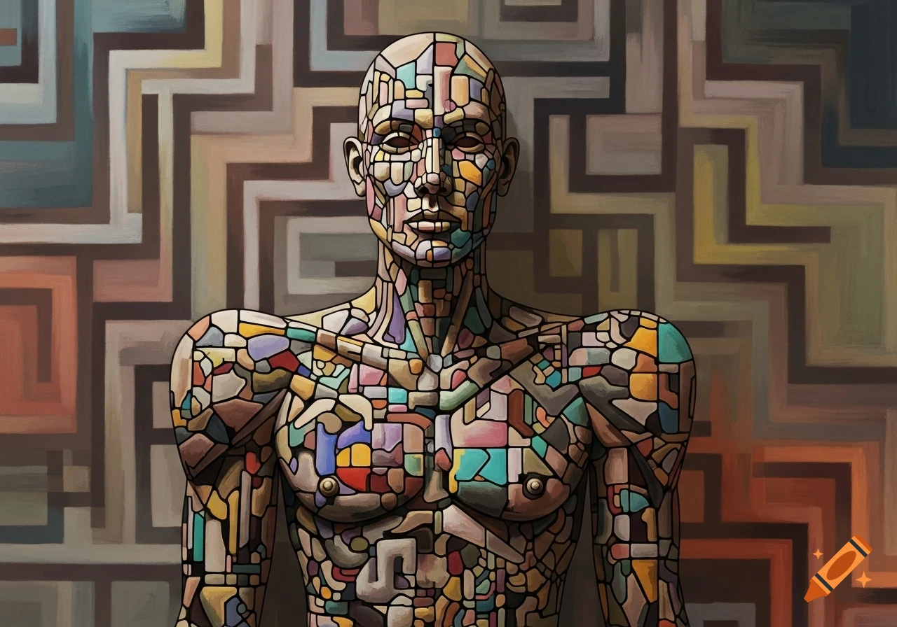 Stylized cubist human figure with a colorful mosaic pattern against a geometric, labyrinthine background.