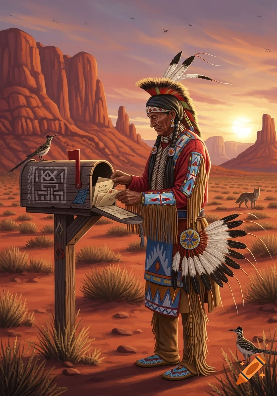Native American man in traditional attire opens a mailbox in a sunlit desert landscape with red rock formations, birds, and a coyote.