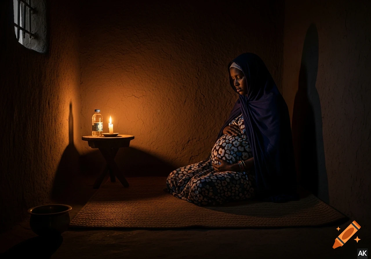 A pregnant woman sits alone in a dimly lit, dark room, holding her large stomach, illuminated by flickering candlelight. She looks exhausted.