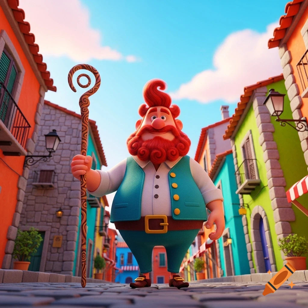 A plump, red-bearded cartoon man with a curly red hairstyle holds a staff in a colorful Mediterranean street.