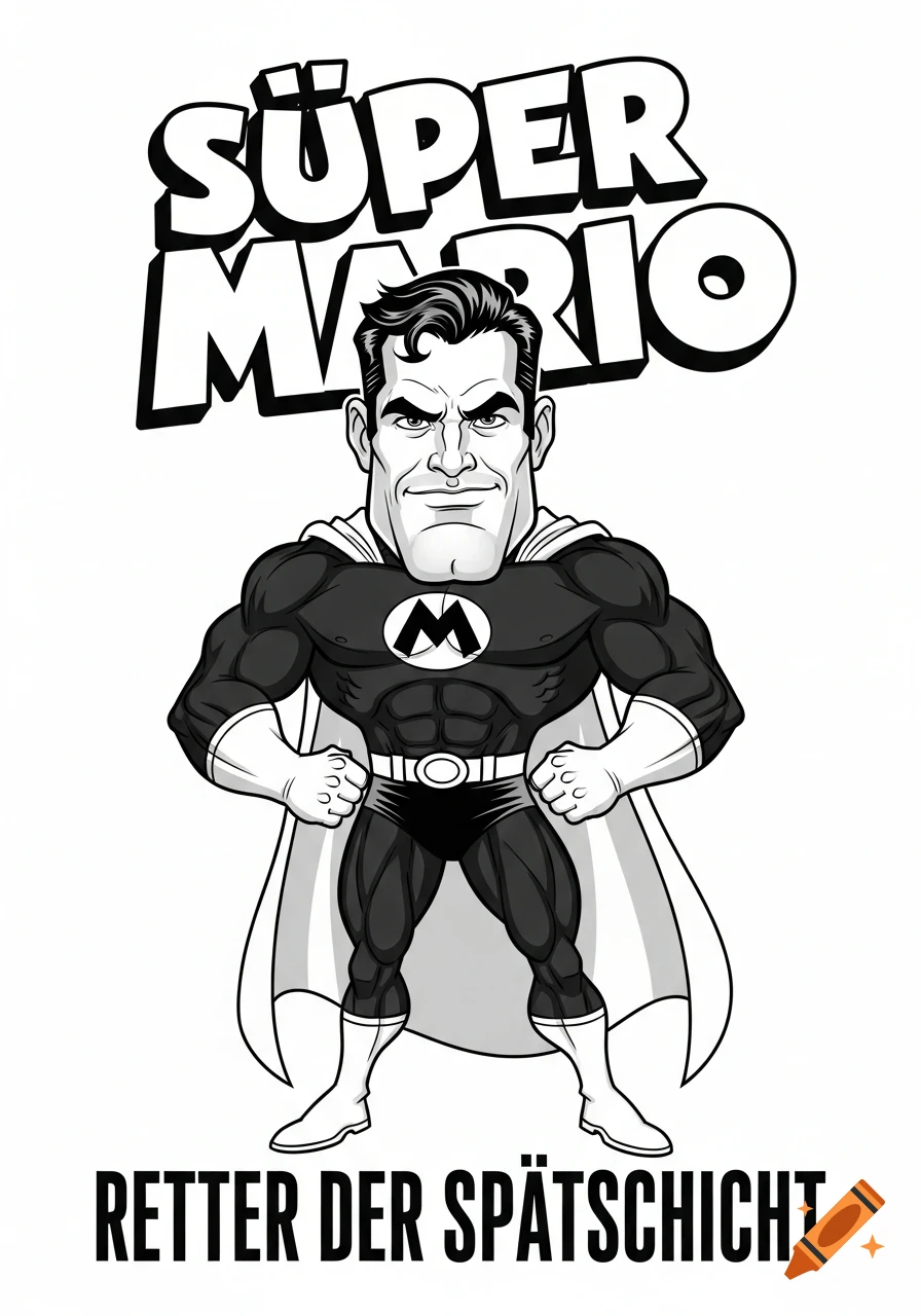 Black and white caricature of a muscular superhero with a cape and an 'M' on his chest, standing confidently. Text reads 'Süper Mario' and 'Retter der Spätschicht'.