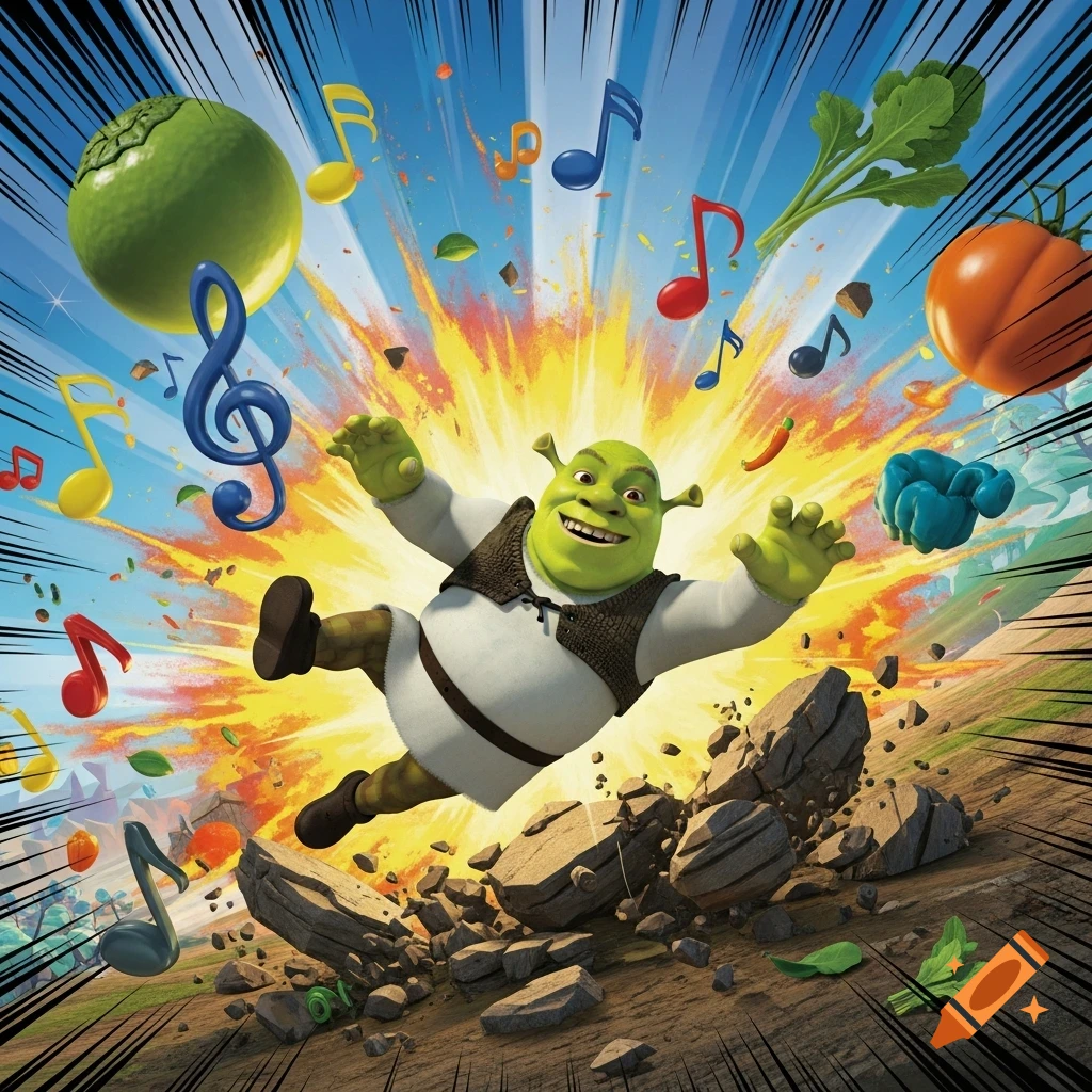 Shrek the ogre is flung from an explosion with musical notes, rocks, and vegetables in a dynamic cartoon style.