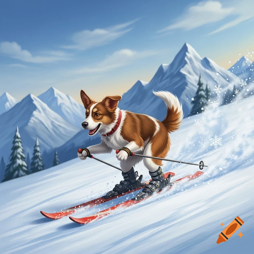 A smiling, brown and white cartoon dog in a red collar skis down a snowy mountain, holding poles, with snowy peaks and pine trees in the background.