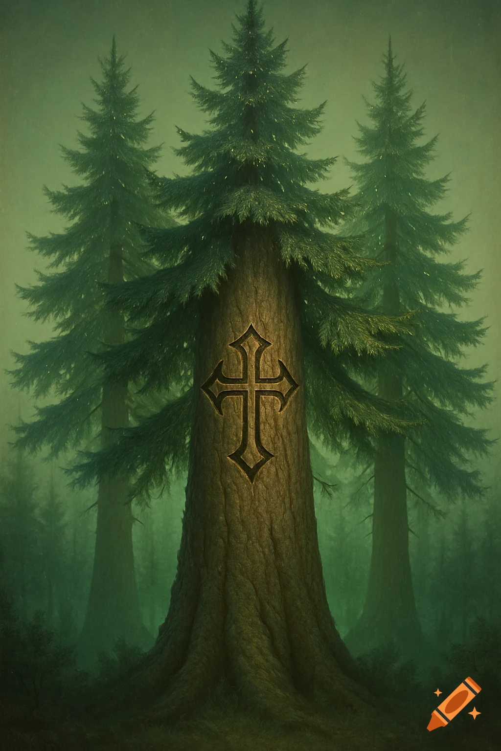 Three tall pine trees in a dark, misty forest, with an ornate cross symbol carved into the central tree trunk.