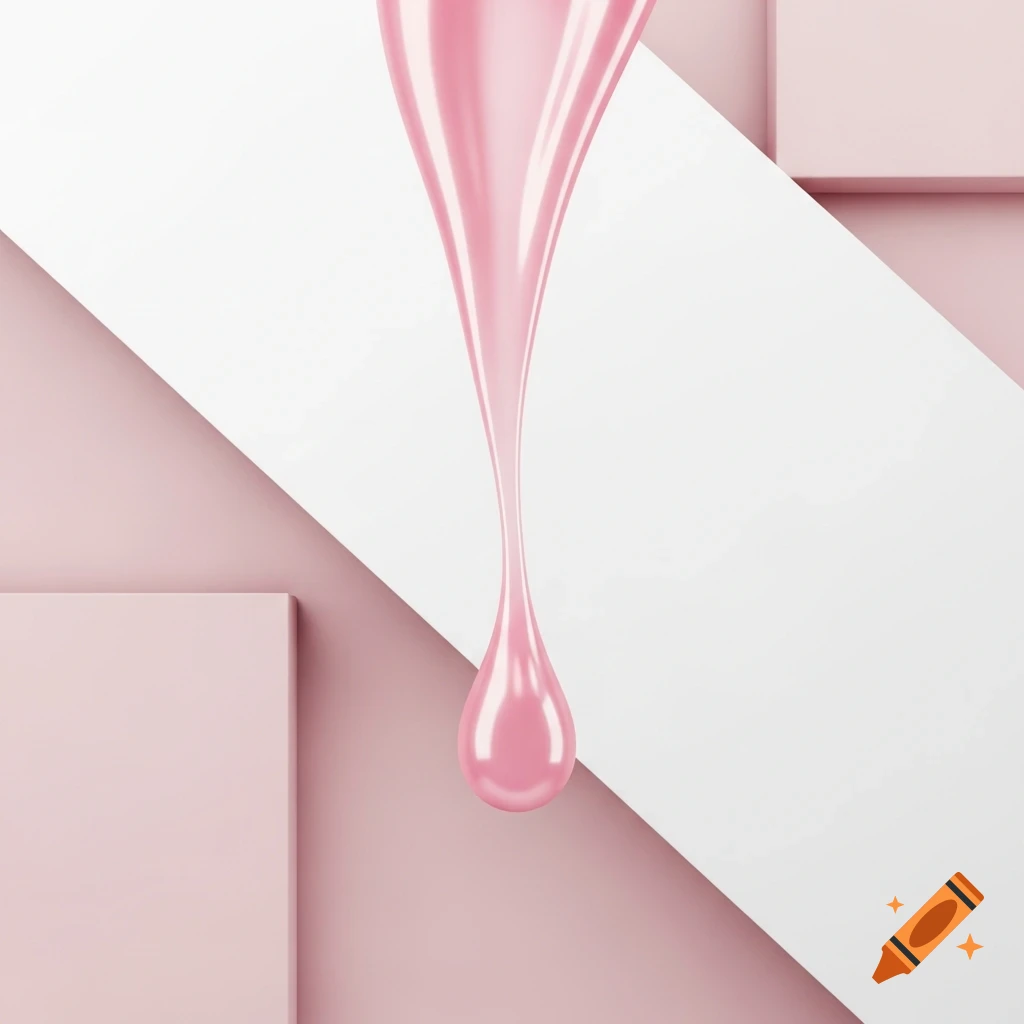 A glossy pink cosmetic serum droplet forming, with a flow above, against a minimal white and pink geometric background.