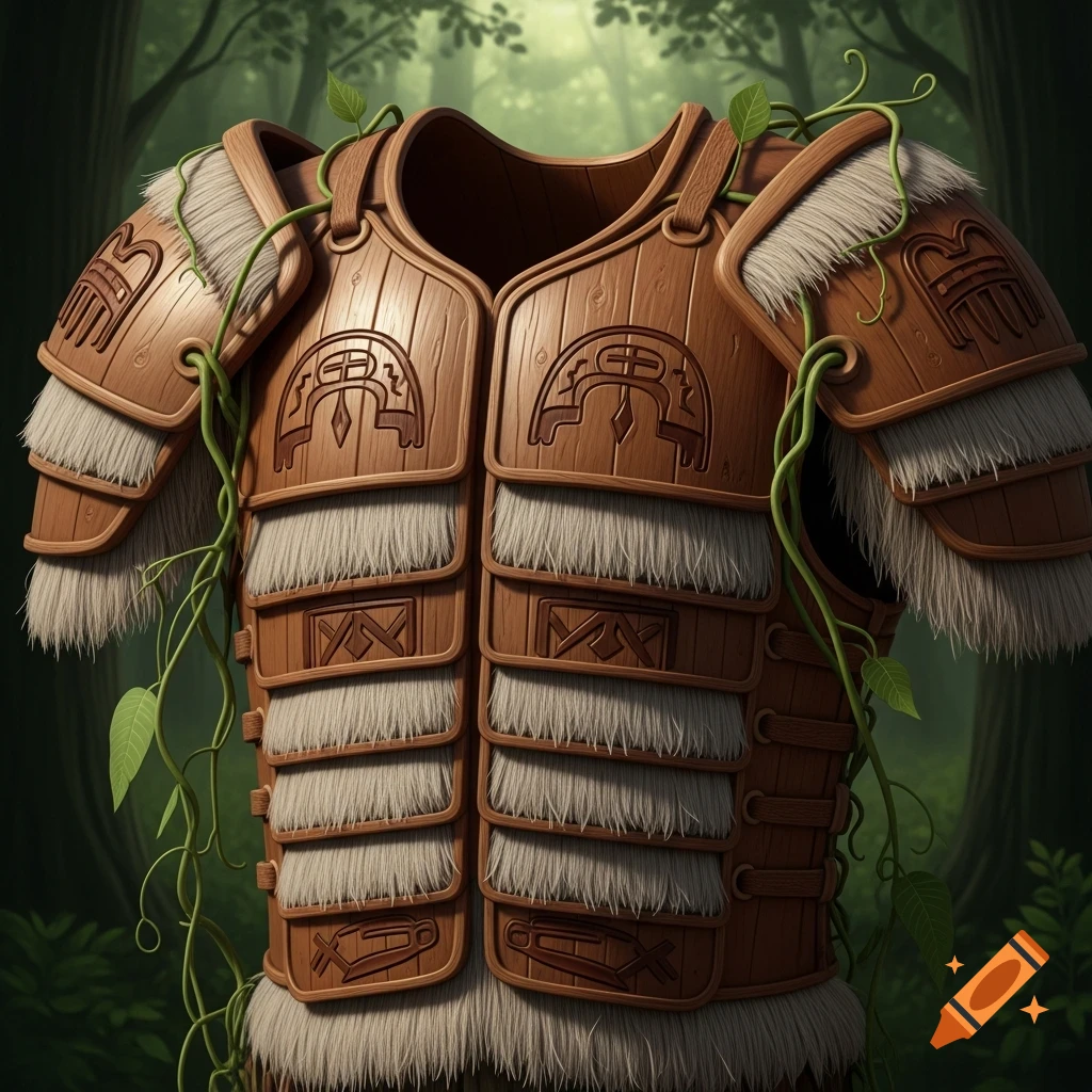 Stylized Iroquois-inspired wooden armor with fur trim and green vines, set against a blurred forest background.