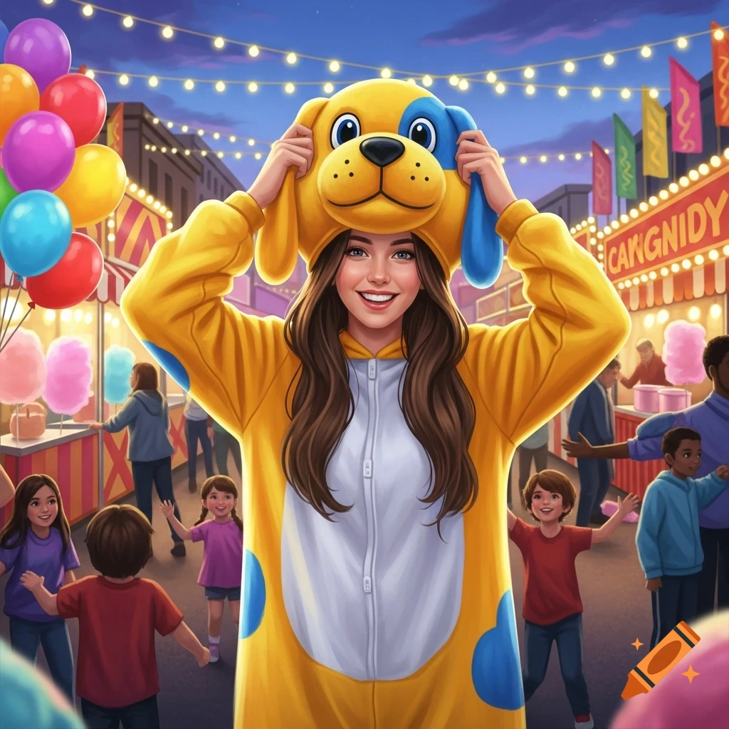 Smiling woman in a yellow dog mascot costume at a vibrant carnival with balloons, cotton candy, and children.