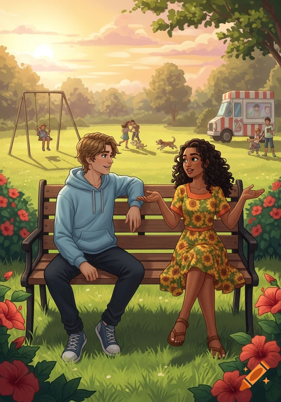 Two teenagers converse on a park bench surrounded by flowers, with people playing and an ice cream truck in a sunny cartoon park.
