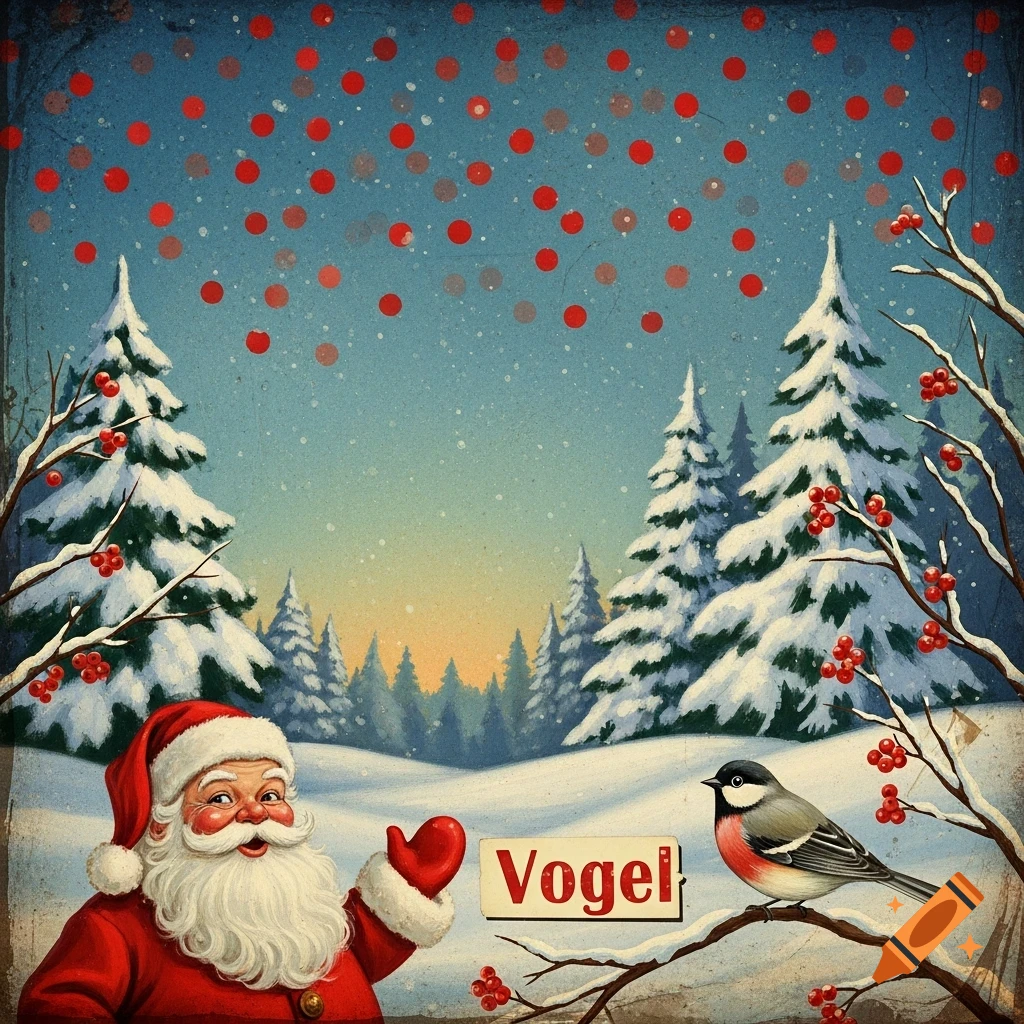 Vintage Christmas illustration of Santa Claus and a bird on a snowy branch with evergreen trees and red berries. A sign reads 'Vogel'.