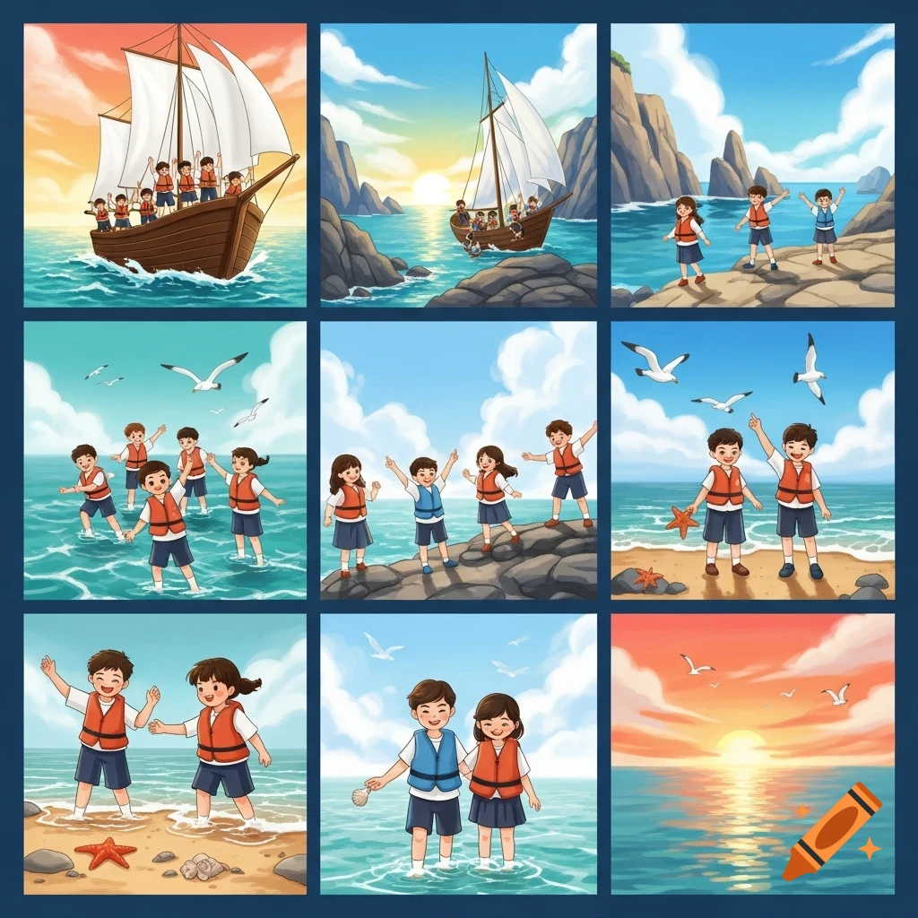 Nine cartoon illustrations showing children sailing in boats, playing in the sea and on the beach, and a sunset over the ocean.
