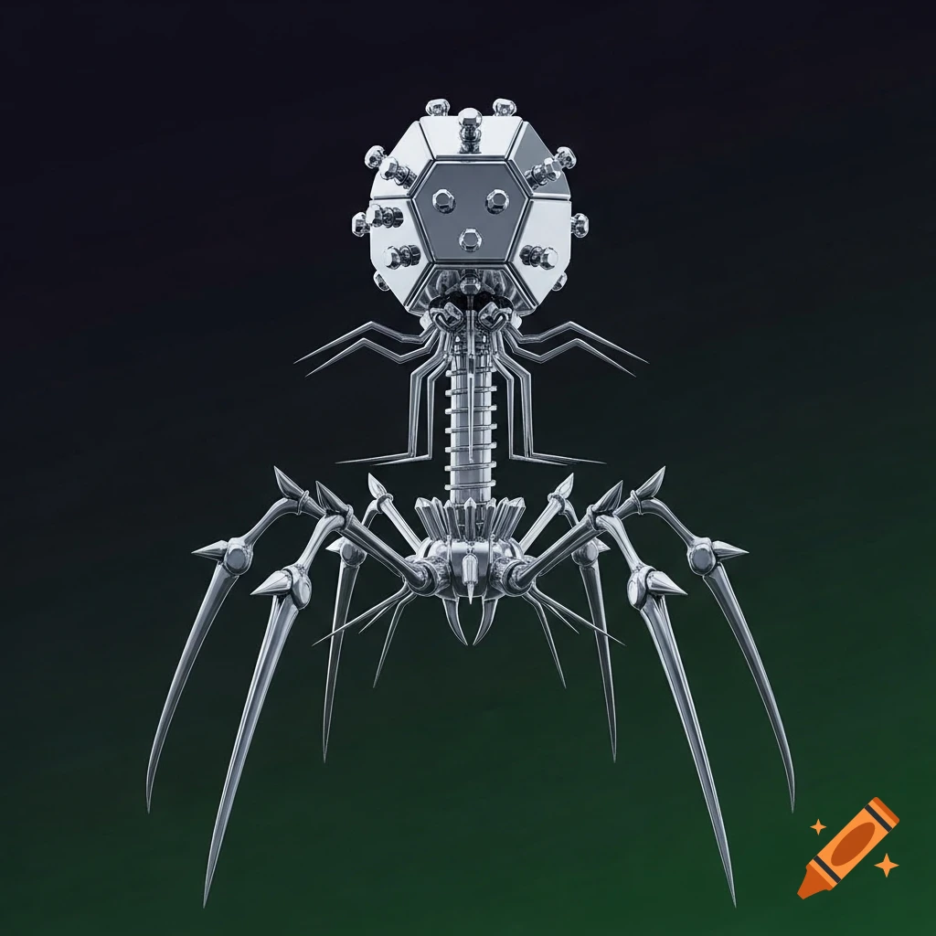 A shiny metallic creature resembling a bacteriophage with spider-like legs on a dark green and black gradient background.