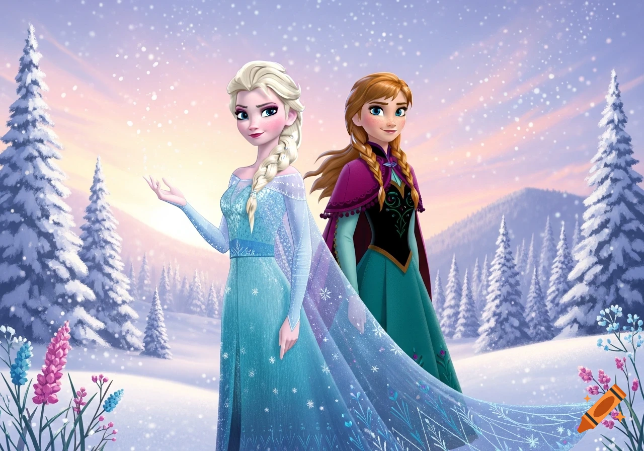Elsa and Anna stand in a snowy forest under a pastel sky with falling snow, in an animated style.