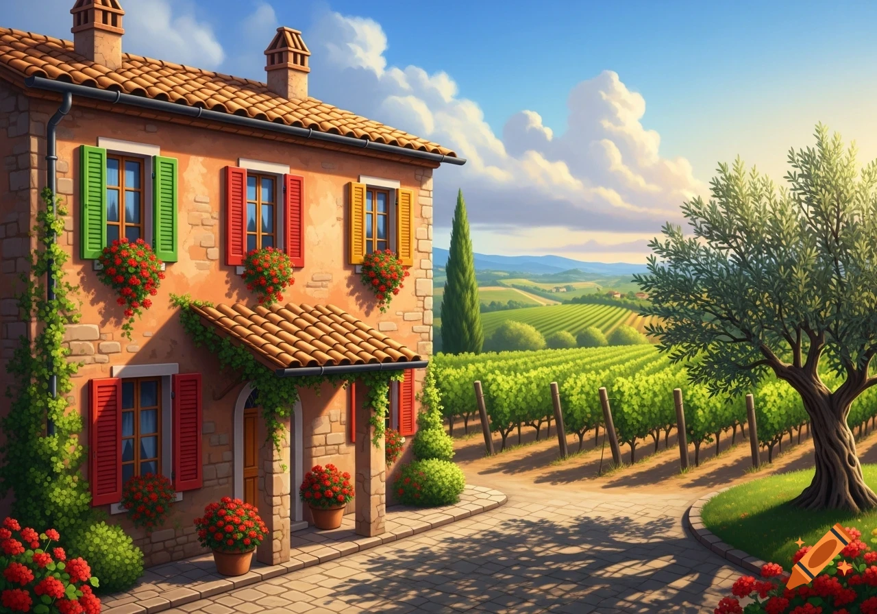 A charming Italian house with colorful shutters and potted red flowers, overlooking a sunny vineyard and rolling hills under a blue sky.