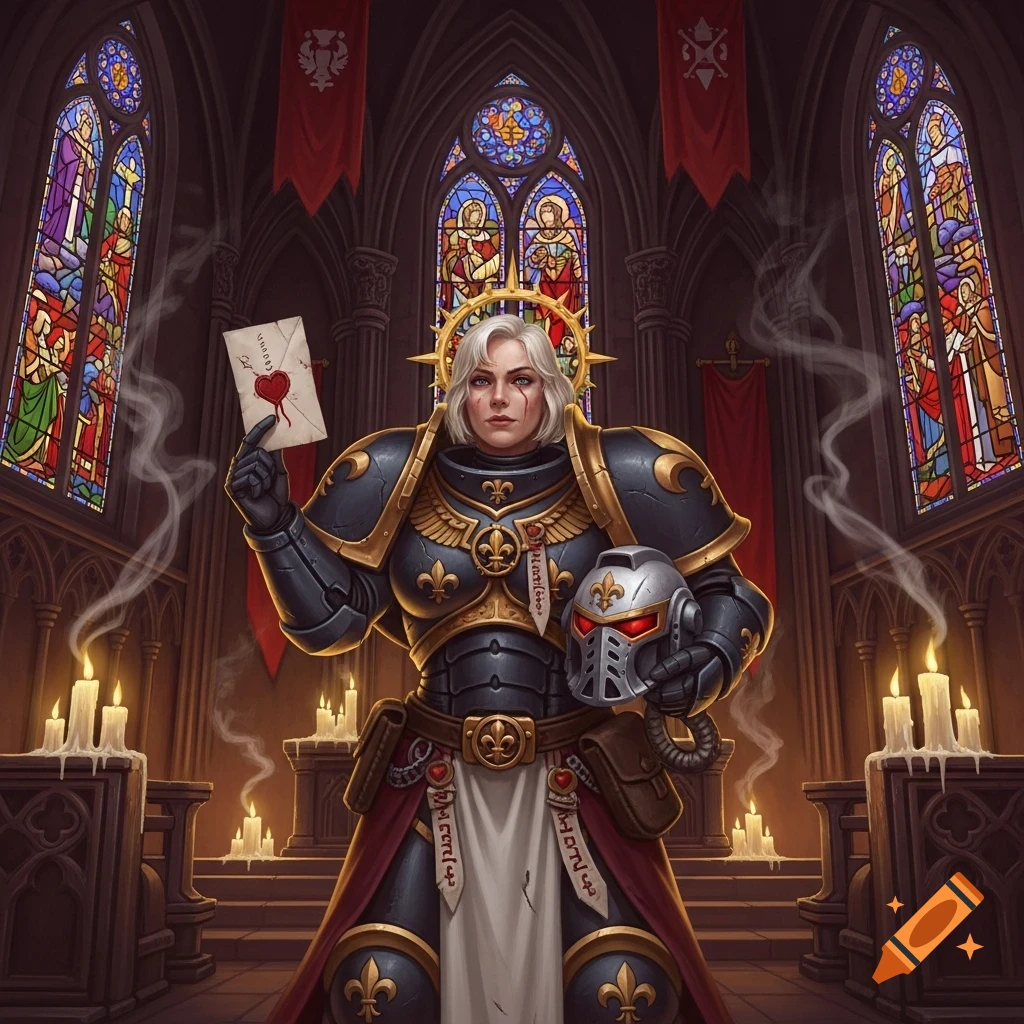 A Sister of Battle from Warhammer 40K stands in a gothic church, holding a letter with a heart seal and her helmet.