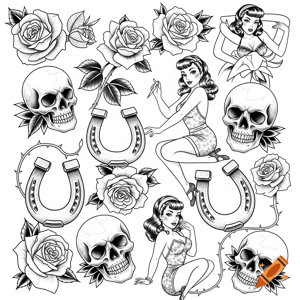 Black and white tattoo flash sheet featuring various traditional designs including pin-up girls, skulls, roses, and horseshoes.