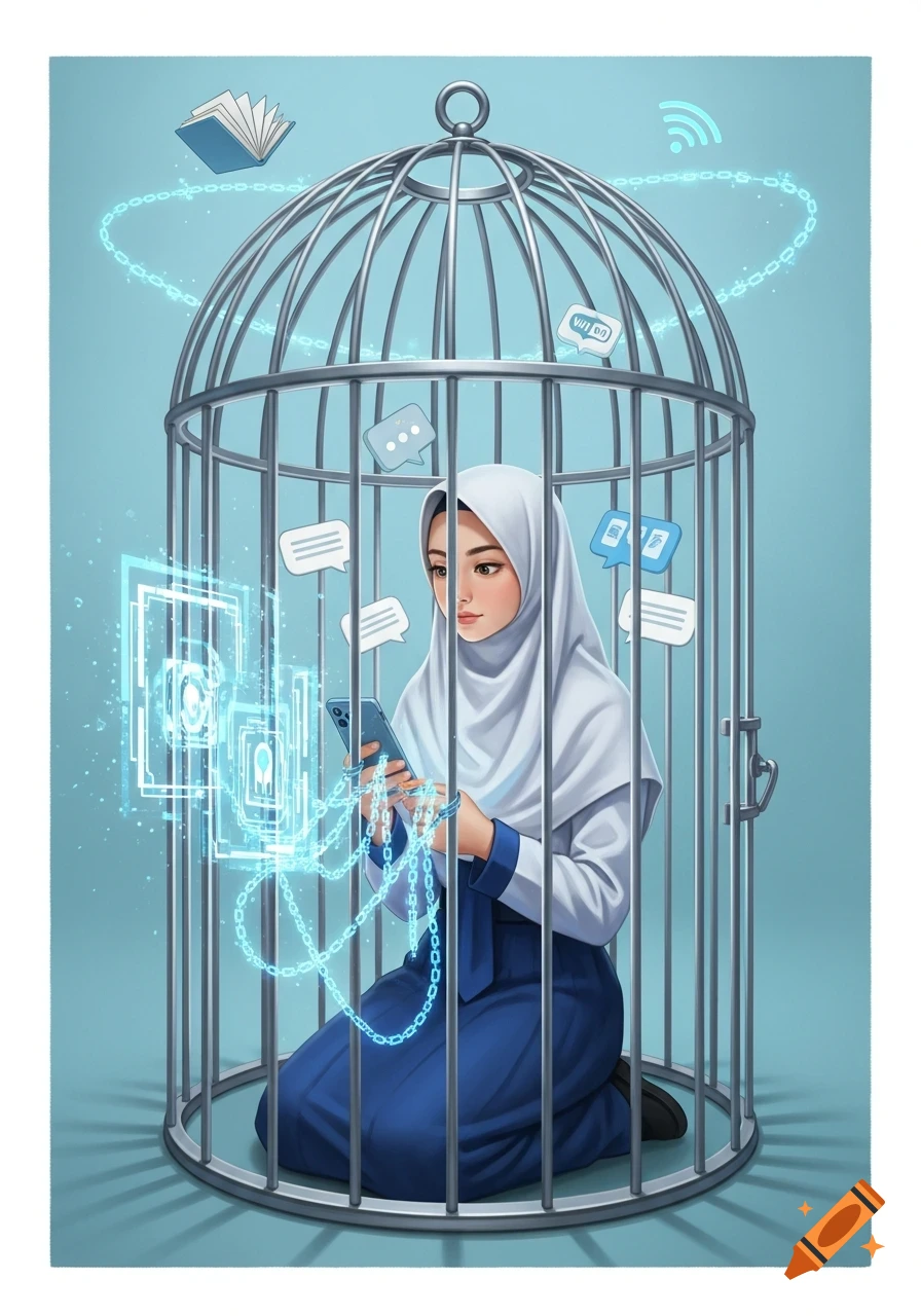 Digital illustration of a girl in a white hijab and blue uniform kneeling inside a birdcage, chained to her smartphone by glowing blue chains. Speech bubbles and digital elements float around her, symbolizing digital addiction.