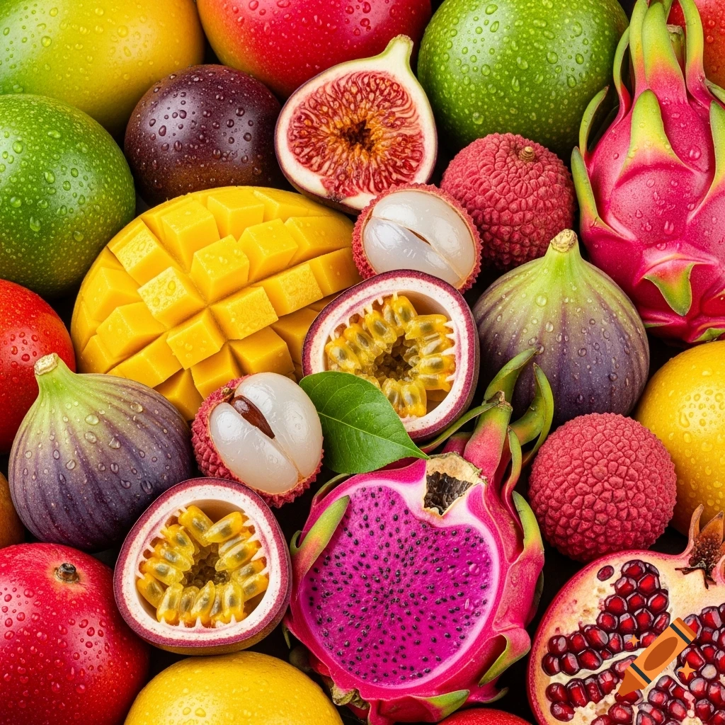 A vibrant close-up of an assortment of fresh tropical fruits with water droplets, including mango, passion fruit, figs, dragon fruit, lychee, and pomegranate.