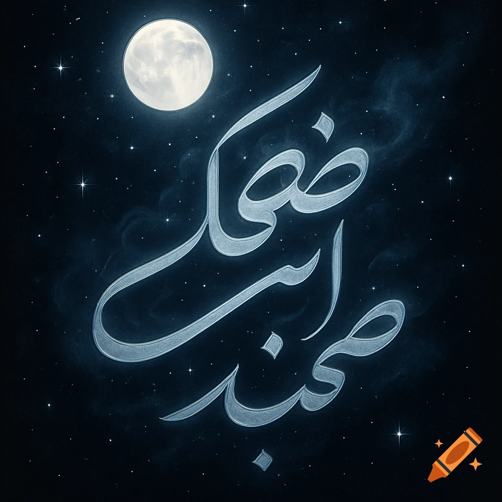 Arabic calligraphy glowing light blue against a dark starry night sky with a full moon.
