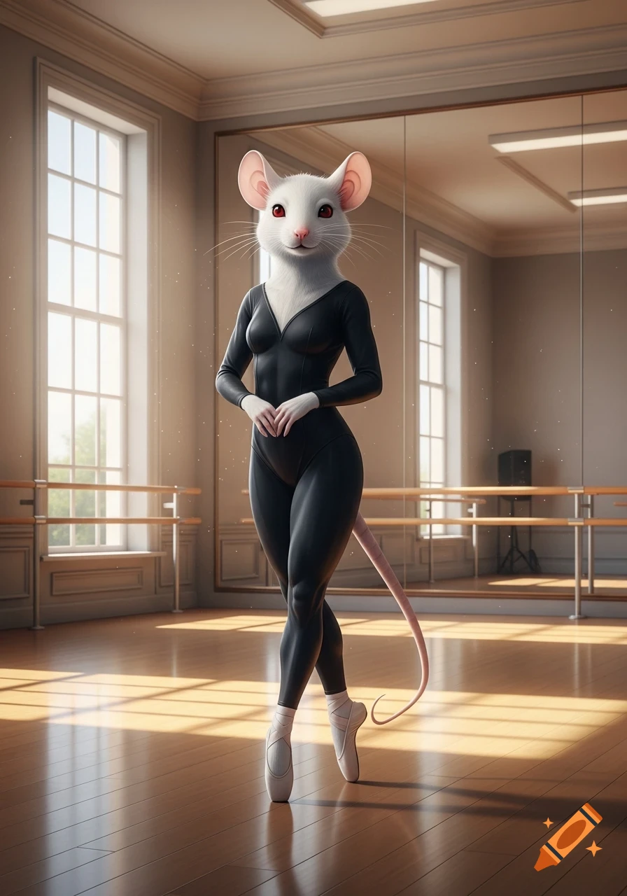 A sleek, photorealistic white anthropomorphic mouse with red eyes poses elegantly in a black unitard and pointe shoes in a ballet studio.