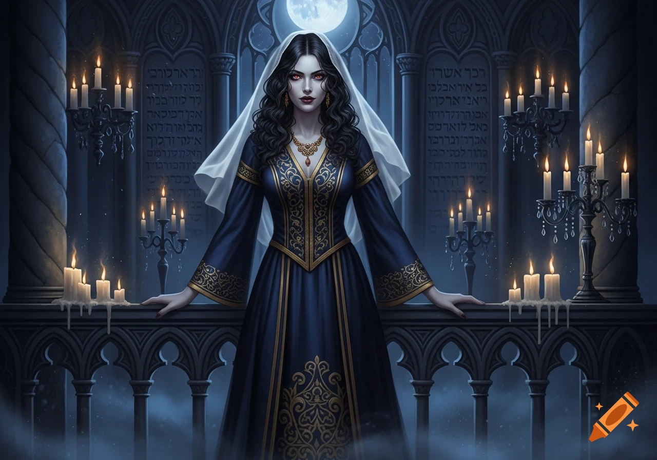 A dark-haired vampire woman with red eyes, wearing a blue and gold gown, stands in a gothic candlelit hall under a full moon.