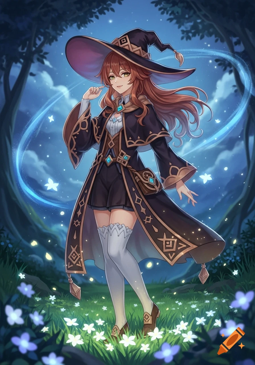 Anime witch with long brown hair, wearing a black hat and robe, standing in an enchanted forest at night with glowing flowers.