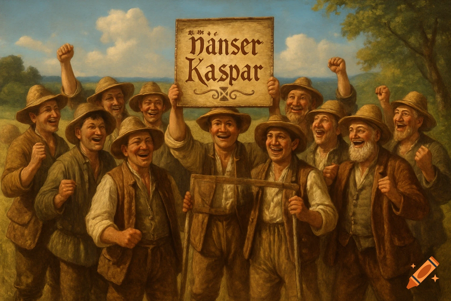 A painting of a joyful group of 18th-century peasants in straw hats, cheering and holding a sign that reads 'Hänser Kaspar'.