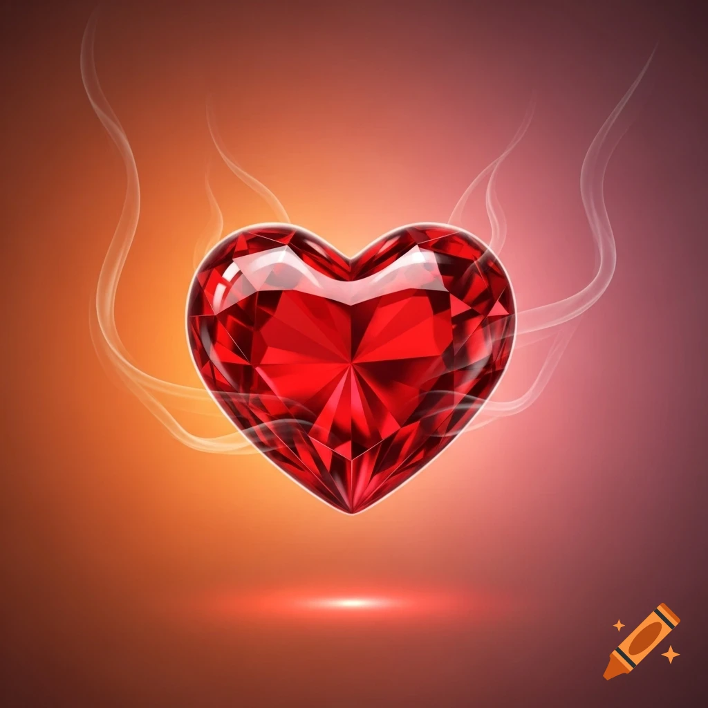 A vibrant red faceted gem heart, sparkling and emitting wisps of white smoke, floats against an orange and purple gradient background.