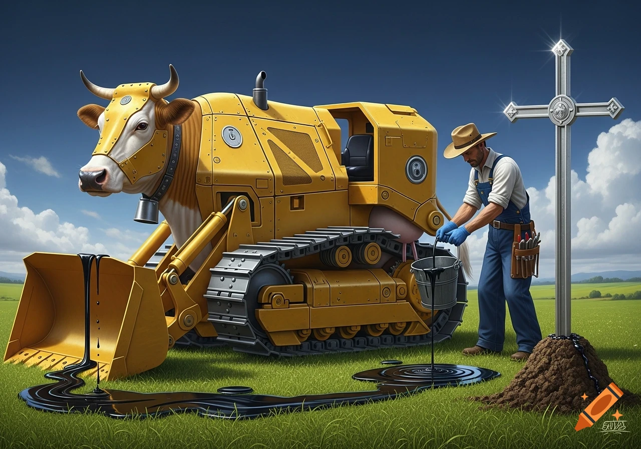 A surreal scene of a yellow cow-bulldozer hybrid being milked for black oil by a farmer-mechanic, next to a glowing metallic cross in a sunny green field.
