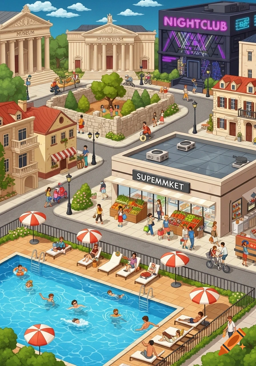 Vibrant isometric cartoon cityscape with people swimming in a pool, shopping at a supermarket, and walking past museums and a nightclub.