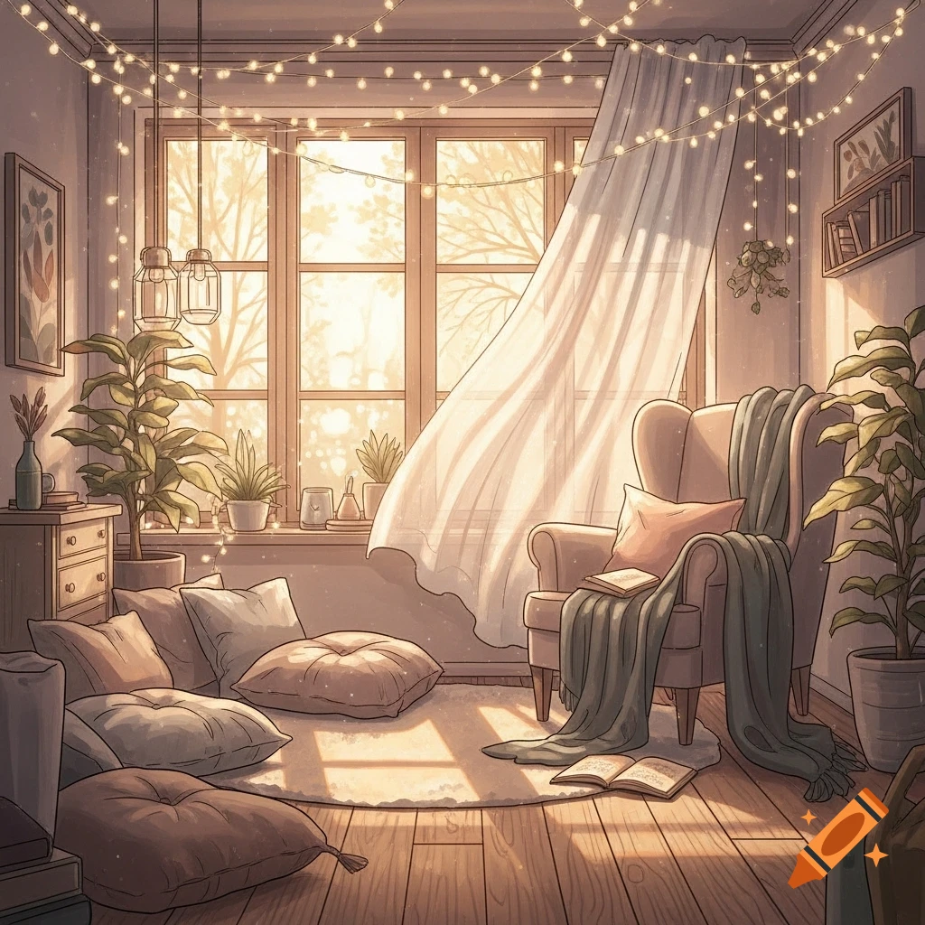 A cozy room with warm, soft light streaming through large windows, adorned with string lights, potted plants, an armchair, and floor cushions.