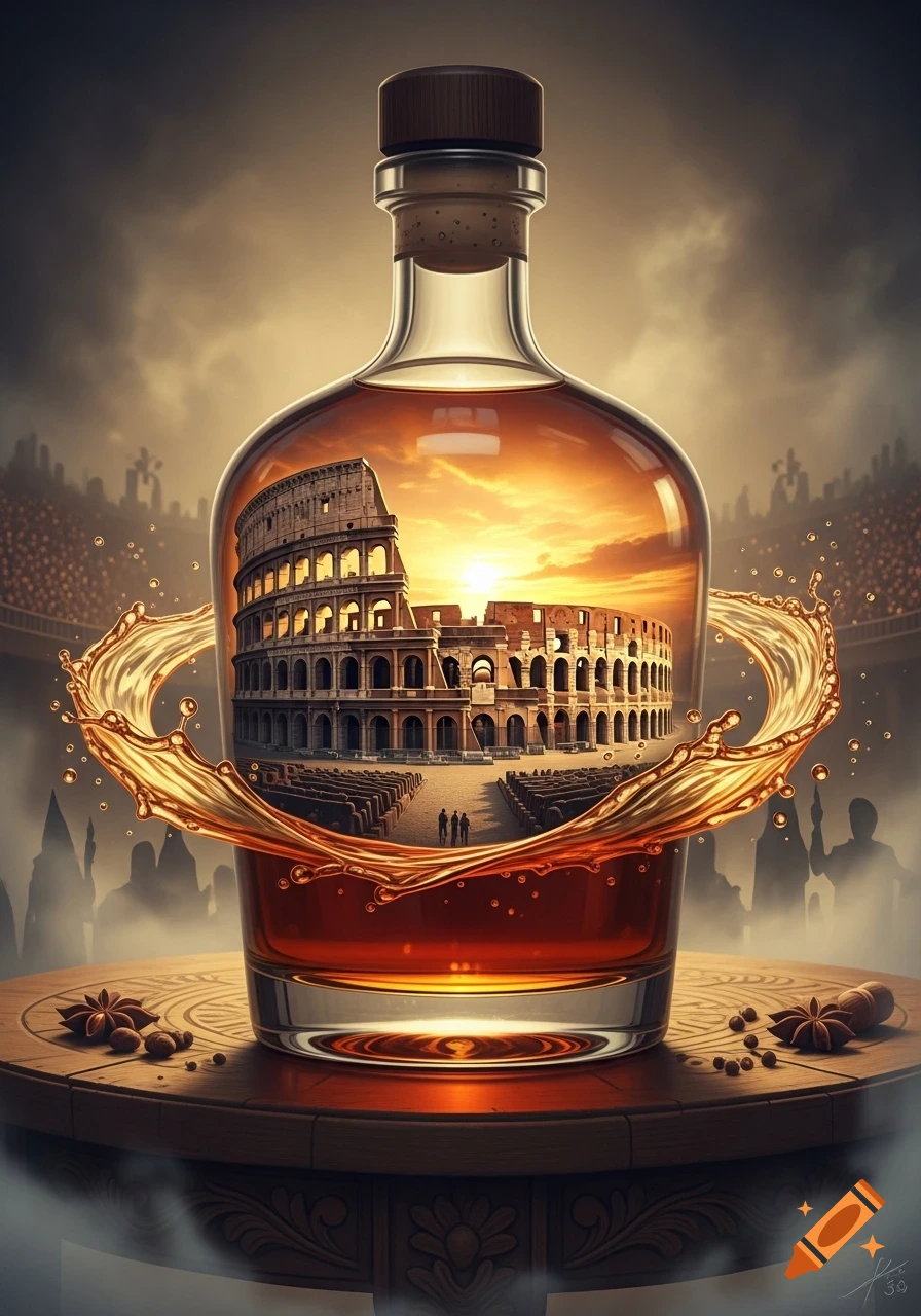 A fantasy image of the Roman Colosseum bathed in sunset light, depicted inside a bottle of amber rum, with a splash of liquid surrounding it, on a wooden table with spices.