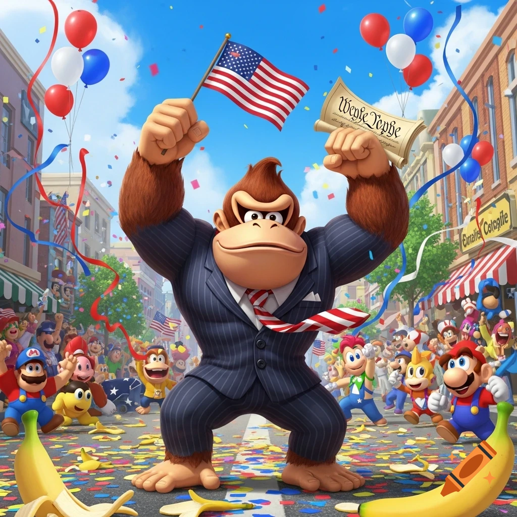 Donkey Kong in a suit celebrates in a vibrant patriotic parade, holding a US flag and a document, surrounded by Mario characters.