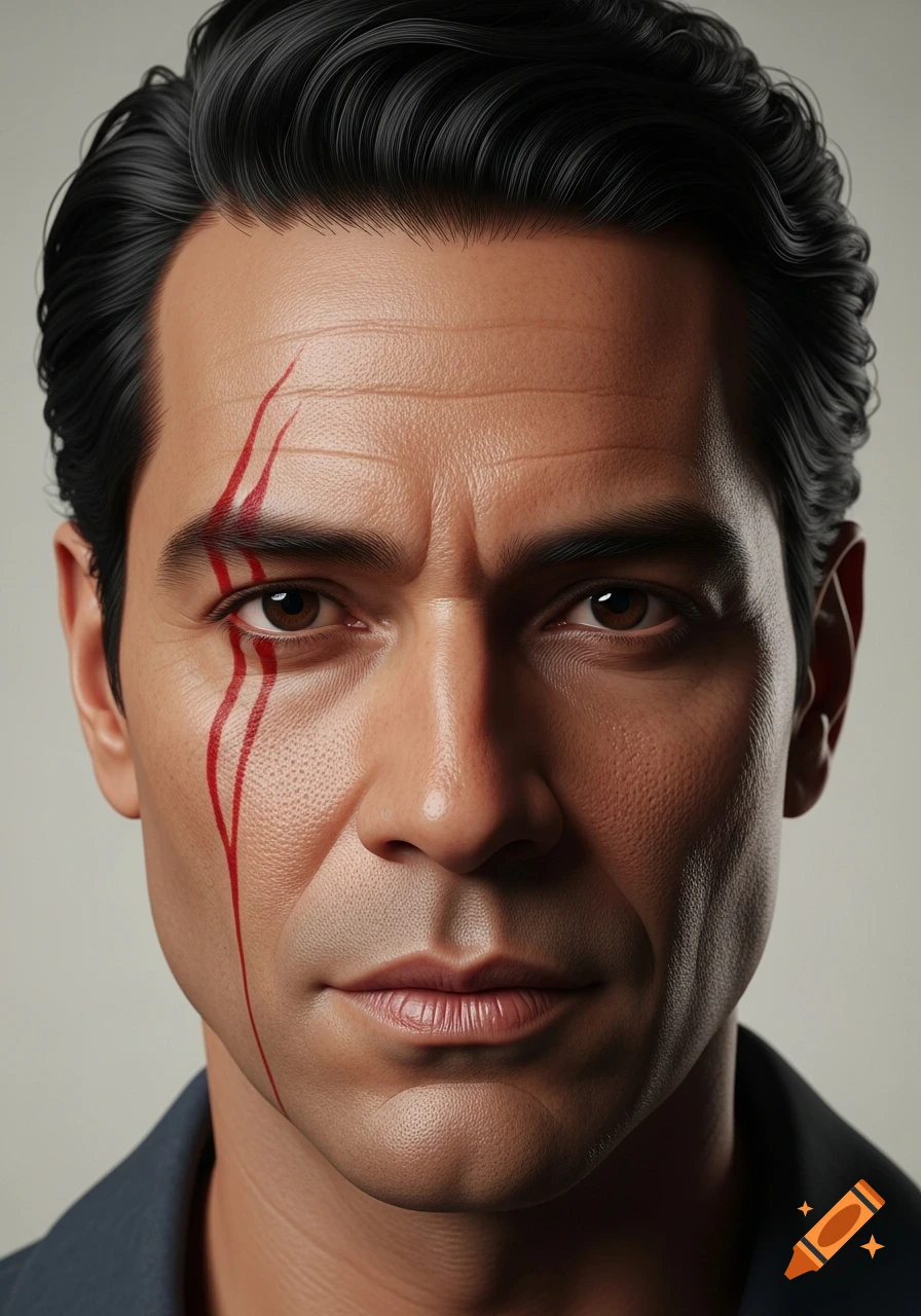 Photorealistic close-up portrait of a man with dark hair and red markings on his left cheek, looking forward.