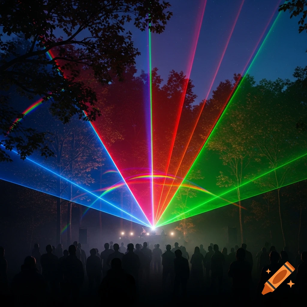 A colorful laser show with red, green, and blue beams cutting through the night sky above a crowd in a dark forest.