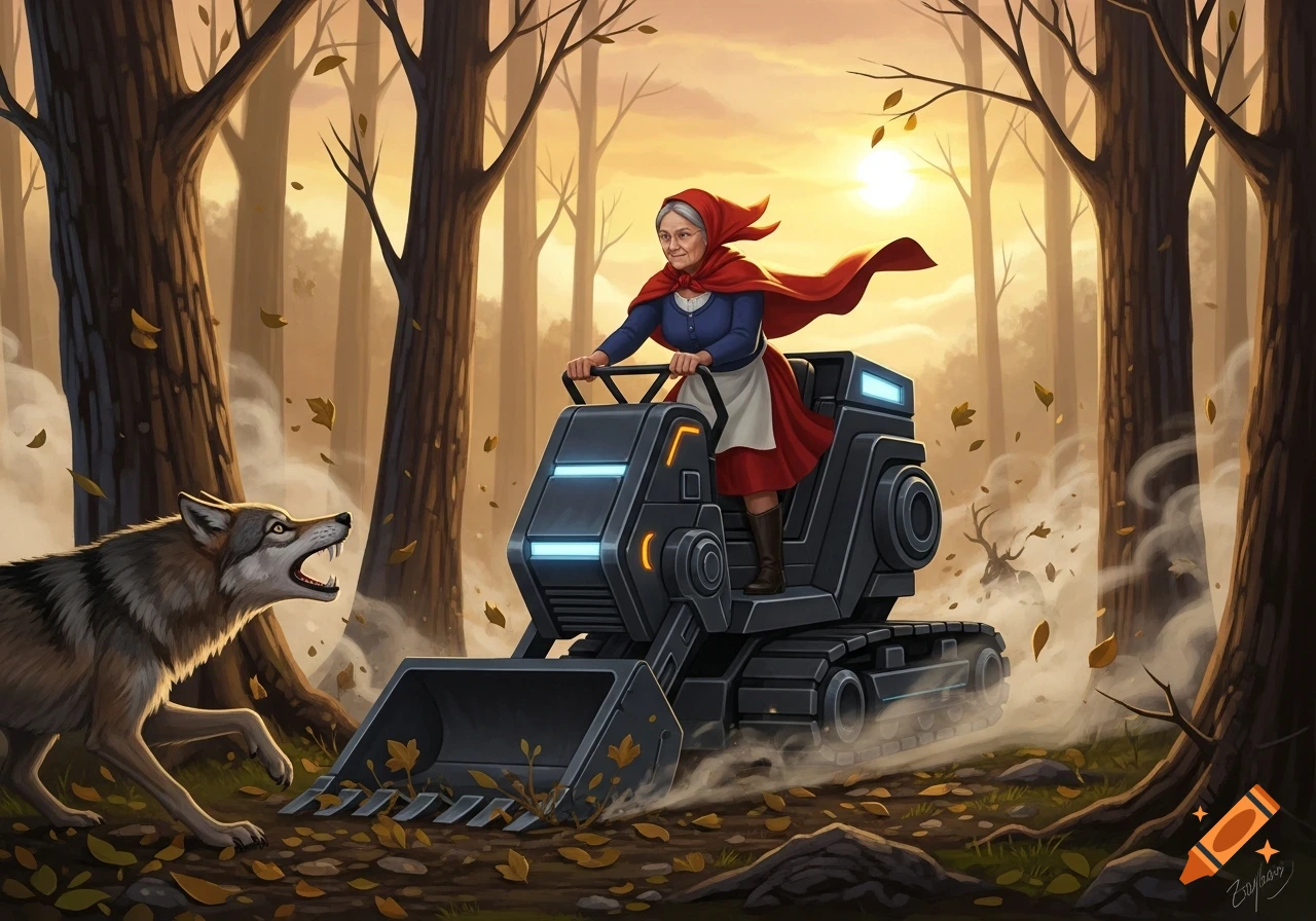 Little Red Riding Hood's grandma in a red cape drives a futuristic excavator, chasing a howling wolf through a sunlit autumn forest.