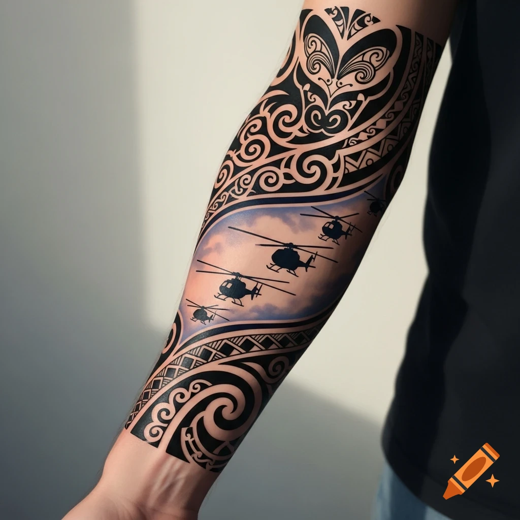 A detailed full-sleeve forearm tattoo in Maori style, featuring black tribal patterns framing a central scene of multiple helicopter silhouettes against a cloudy sky.