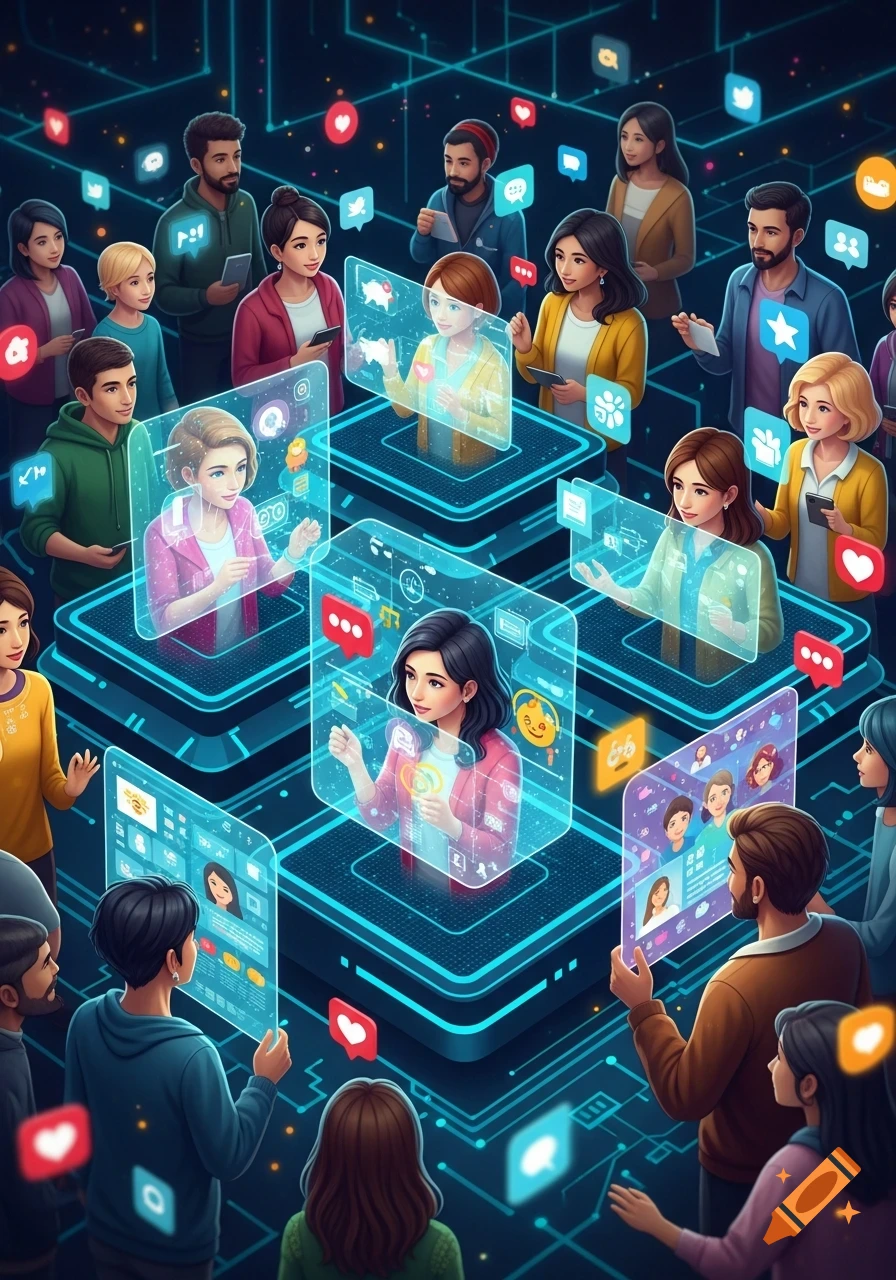 Stylized illustration of diverse people interacting with glowing holographic social media interfaces in a network-like environment.