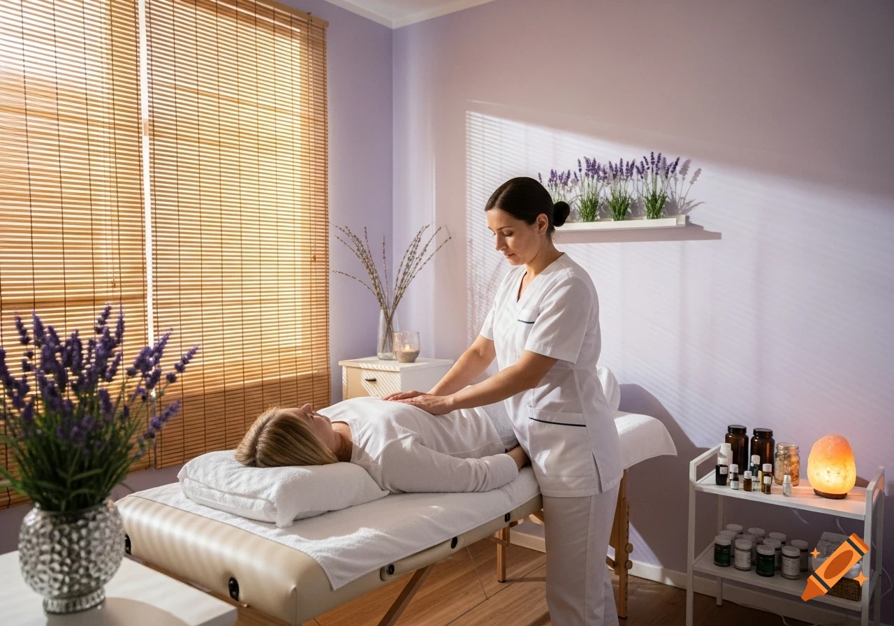 A female therapist performing a treatment on a client lying on a massage table in a serene, lavender-decorated spa room.