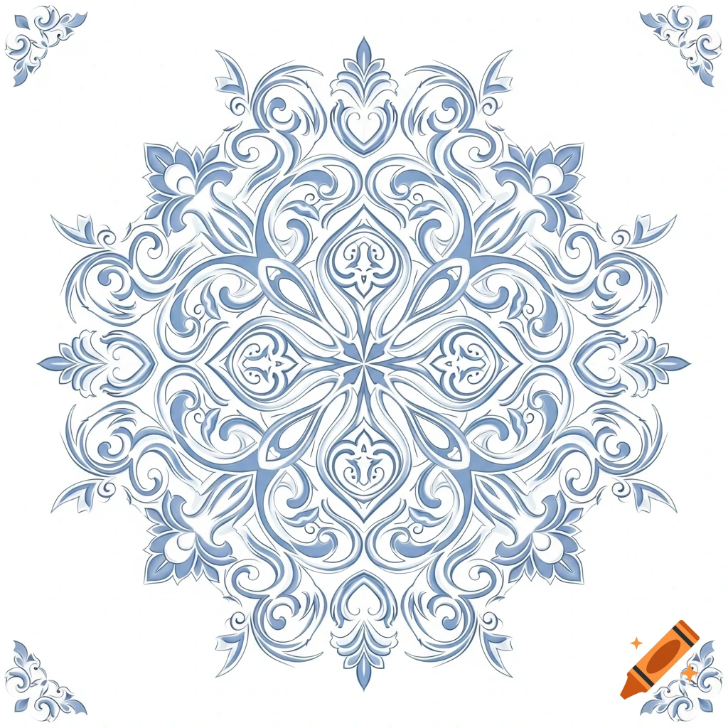 A detailed blue and white circular porcelain pattern with intricate floral and scrollwork designs, set against a white background.
