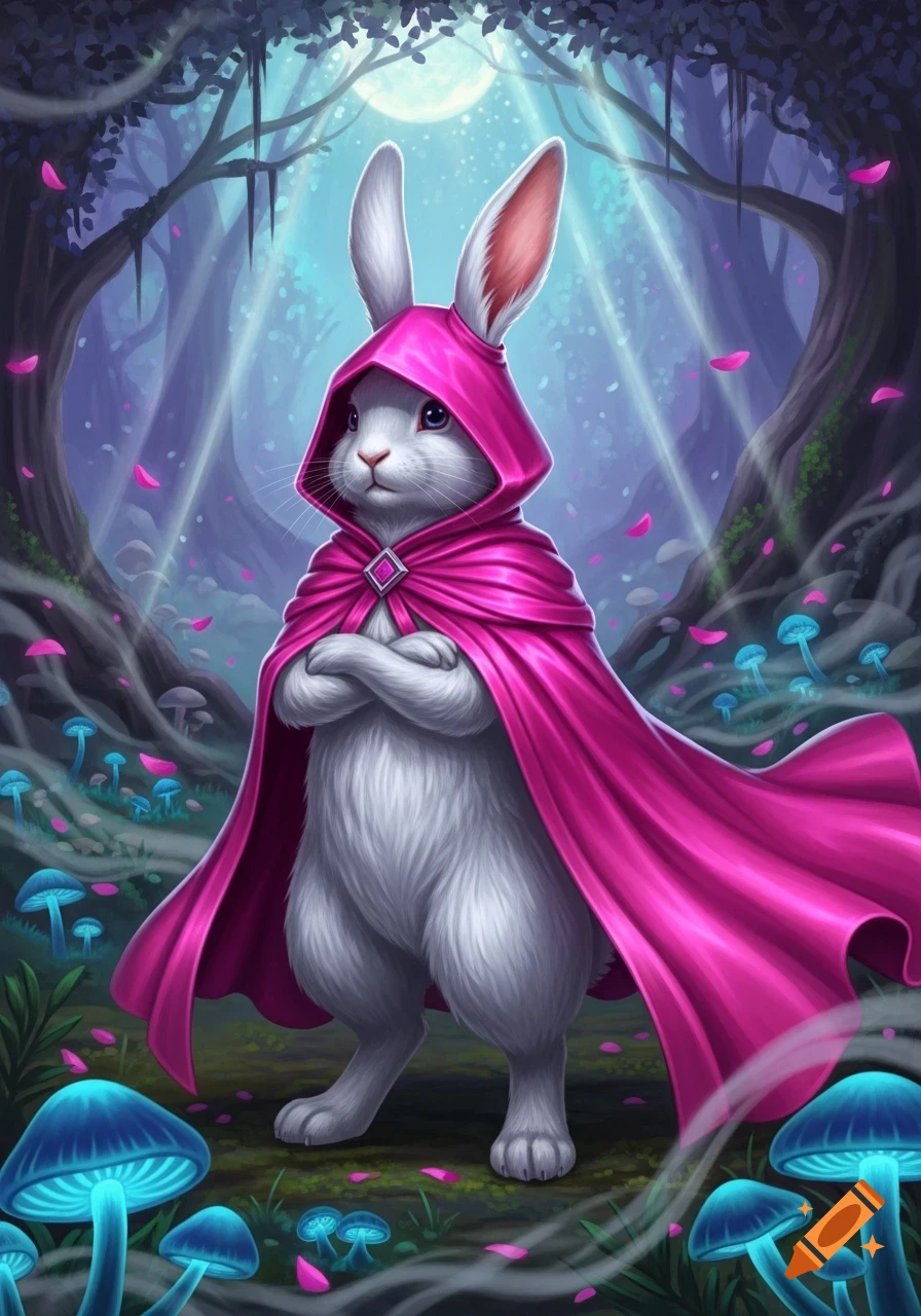 A white anthropomorphic rabbit wearing a shiny pink hooded cape stands ...