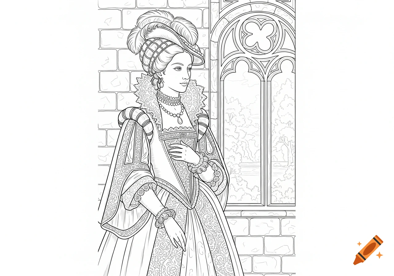 Line drawing of a lady in an elaborate renaissance dress by a gothic window, looking at trees outside.