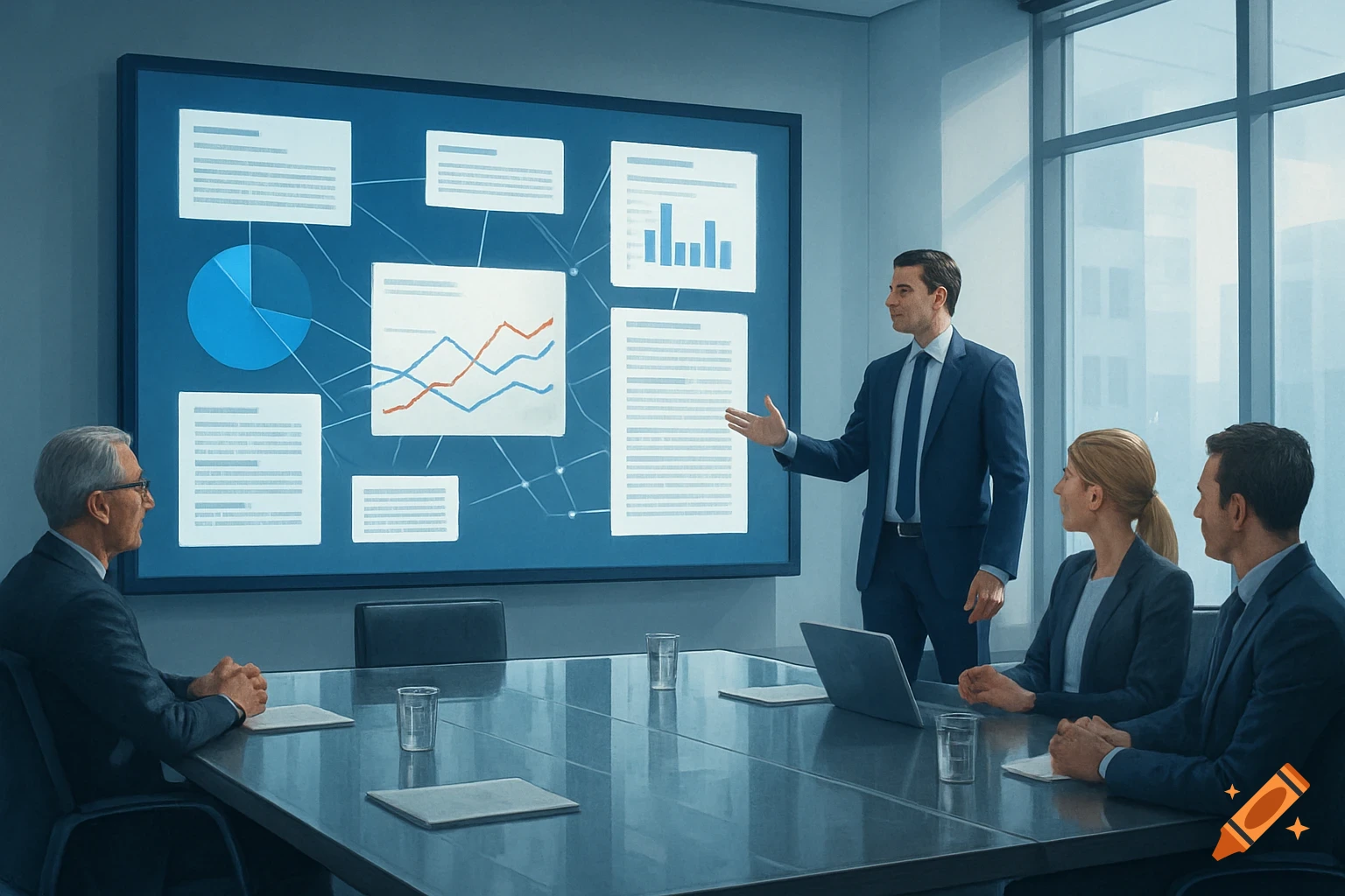 A business man presents data on a large screen to two colleagues in a modern office meeting room.