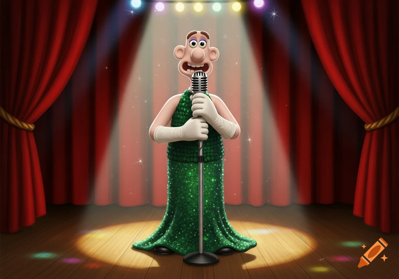 Wallace from Wallace and Gromit in a sparkly green dress and white gloves, singing into a microphone on a spotlighted stage with red curtains.