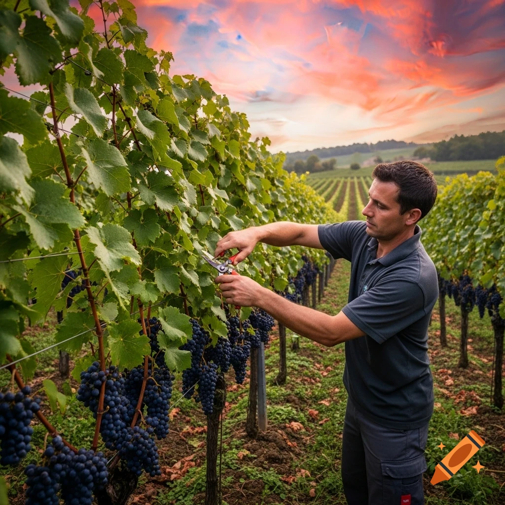 A man prunes grapevines in a vineyard under a dramatic sunset sky.