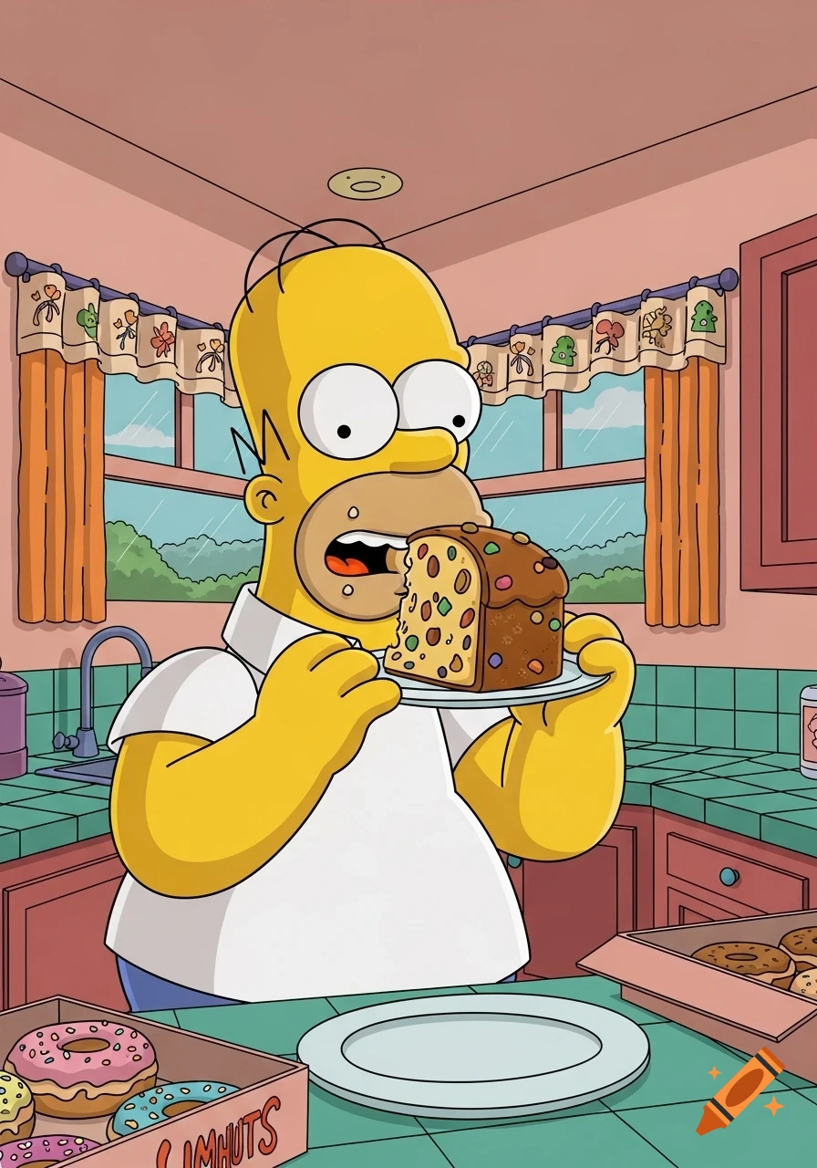 Homer Simpson, wide-eyed, takes a bite of panettone in his cartoon kitchen, with donuts on the counter.
