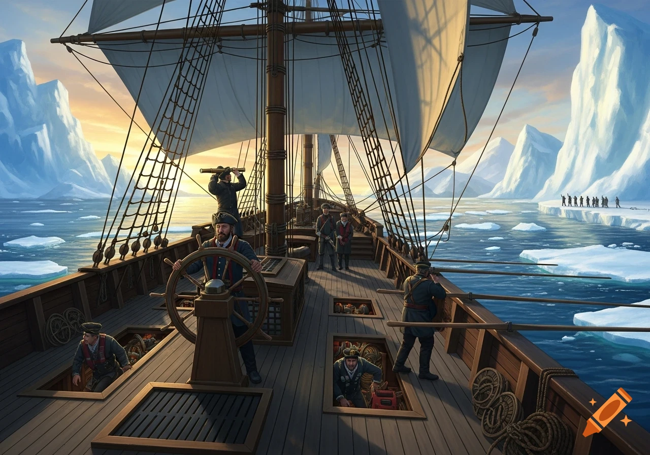 A sailing ship with crew on deck navigates through icy waters and icebergs, with people waiting on a distant ice floe, digital painting.